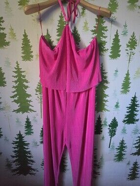 Intempo Halter Plisse Jumpsuit in Hot Pink